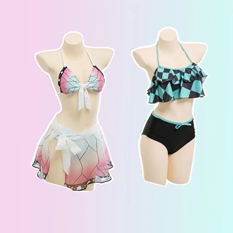 Demon Slayer Anime Kochou Shinobu Kamado Tanjirou Cosplay Swimsuit Two Piece Bikini Beach Swimwear Cover Up Bathing Suit |