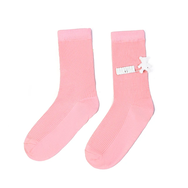 Black and White Pure Color Tube Socks Female Pin Bear Lovely Personality Tide Socks INS Korean Students Long Tube Cotton Socks 21