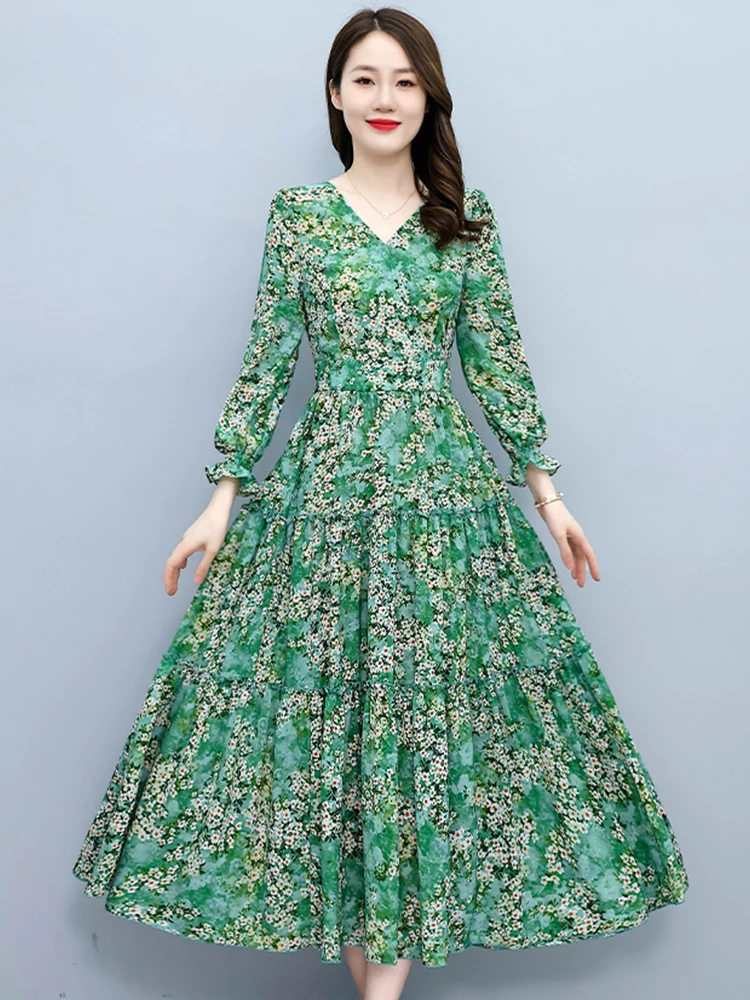 

Women Green Party Dress Midi Casual Long Sleeve Floral Bodycon Chiffon Korean Fashion 2023 Spring Autumn Elegant Evening Dresses