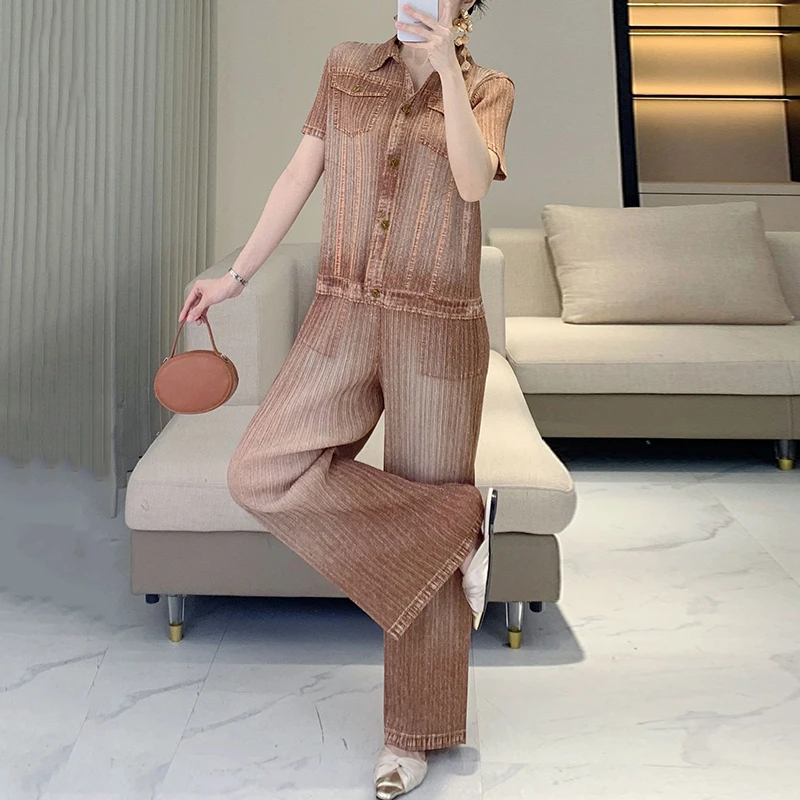 LANMREM High-end Simple Pleated Cardigan Short Sleeve Shirt And Straight Pants Fashion Imitation Denim Set For Women 2DB4494 - Image 5