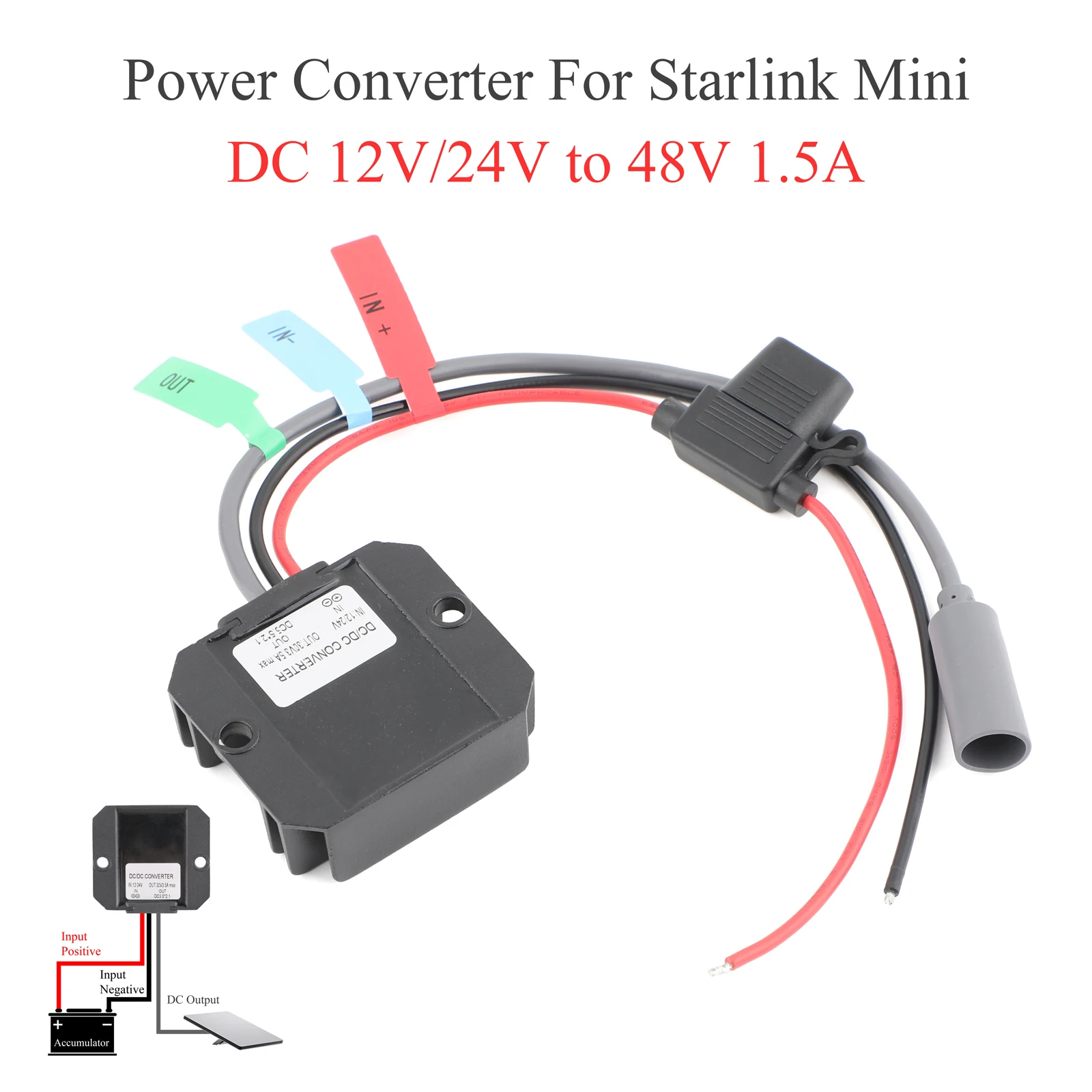 스타링크 미니 DC 전원 부스트 컨버터 1.5A + 퓨즈 + DC 암연장 케이블 DC 남성-여성 3/5/10/20m (12V/24V에서 48V로 변환)