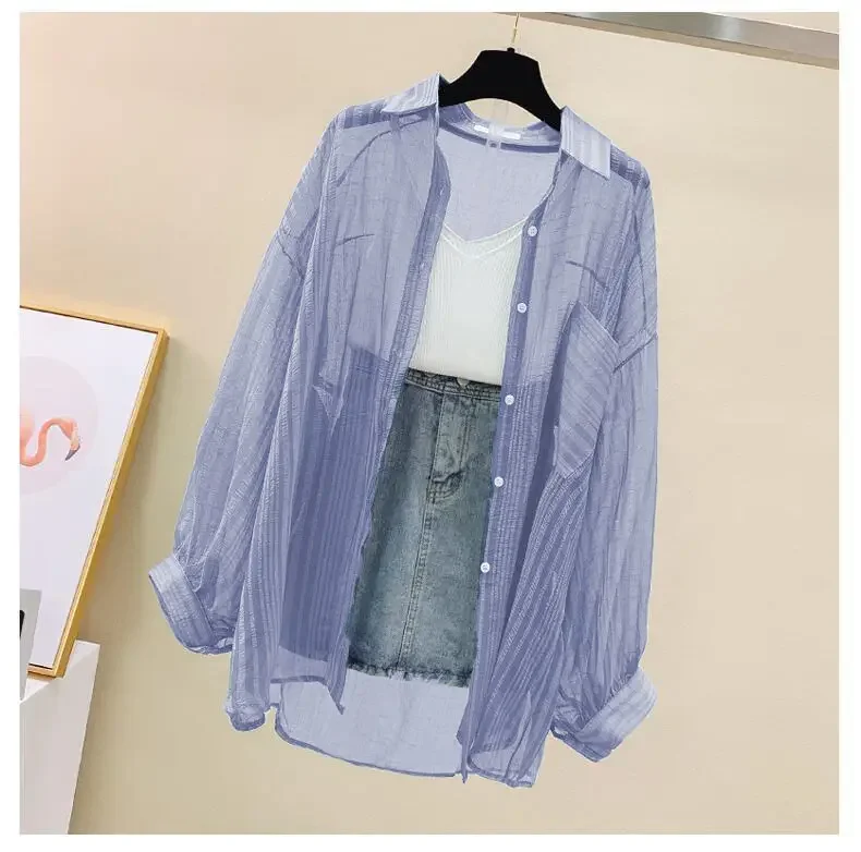 Blusa elegante de gasa transparente de manga larga con protección solar para mujer, estilo coreano, holgada, estilo cárdigan playero de verano.