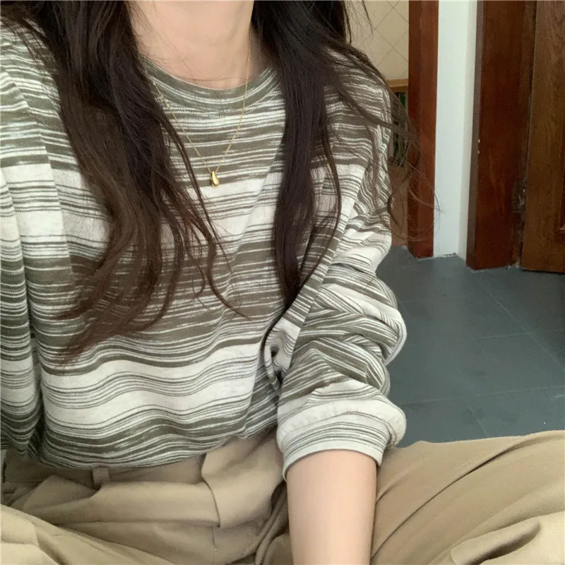 Stripe Pink Cotton Long Sleeve T-shirt Girl\'s Oversize Shirt Spring and Autumn 2022 New Design Loose Top