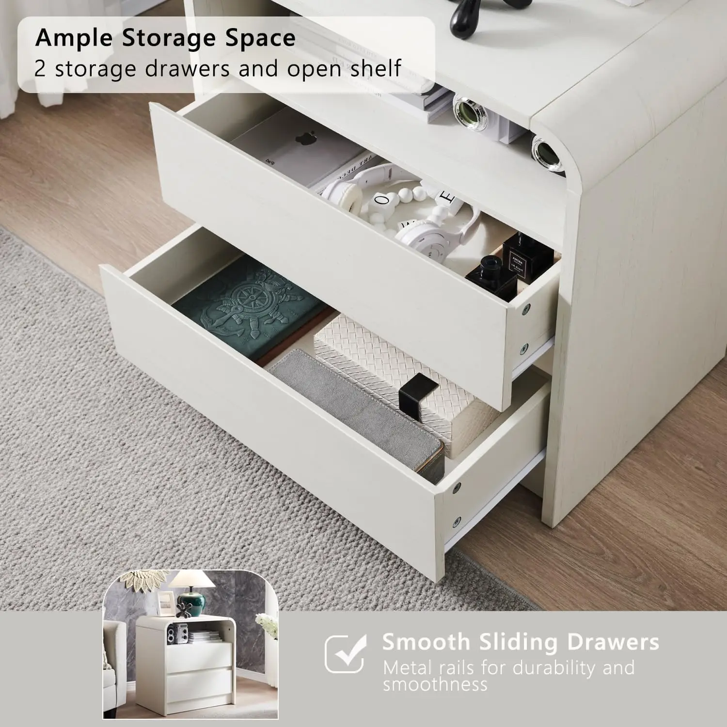 25" Tall Modern Nightstand with Charging Station, 23.6'' Wide Wood Bedside Table w/2 Storage Drawers,for Bedroom, Living Room 6