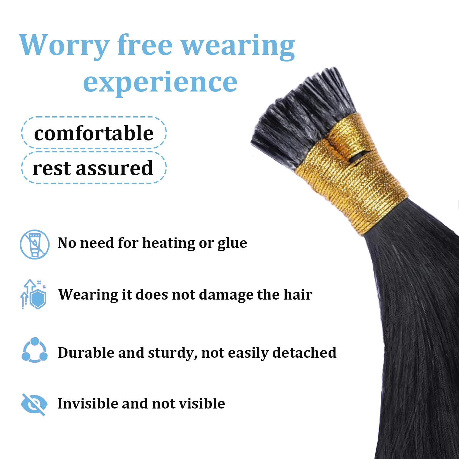 Extensioni per capelli I-Tip in cheratina a fusione a caldo, pre-legate, in vero capello umano Remy, colore nero, 50 ciocche a stick - immagine 5