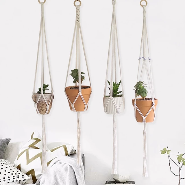 Makrame Függő Kosár Kézzel Szőtt Virágcserép -Vintage Növényi Polcok Pamut Kötél Fedett Fogas Kerti Dekoráció - Image 2