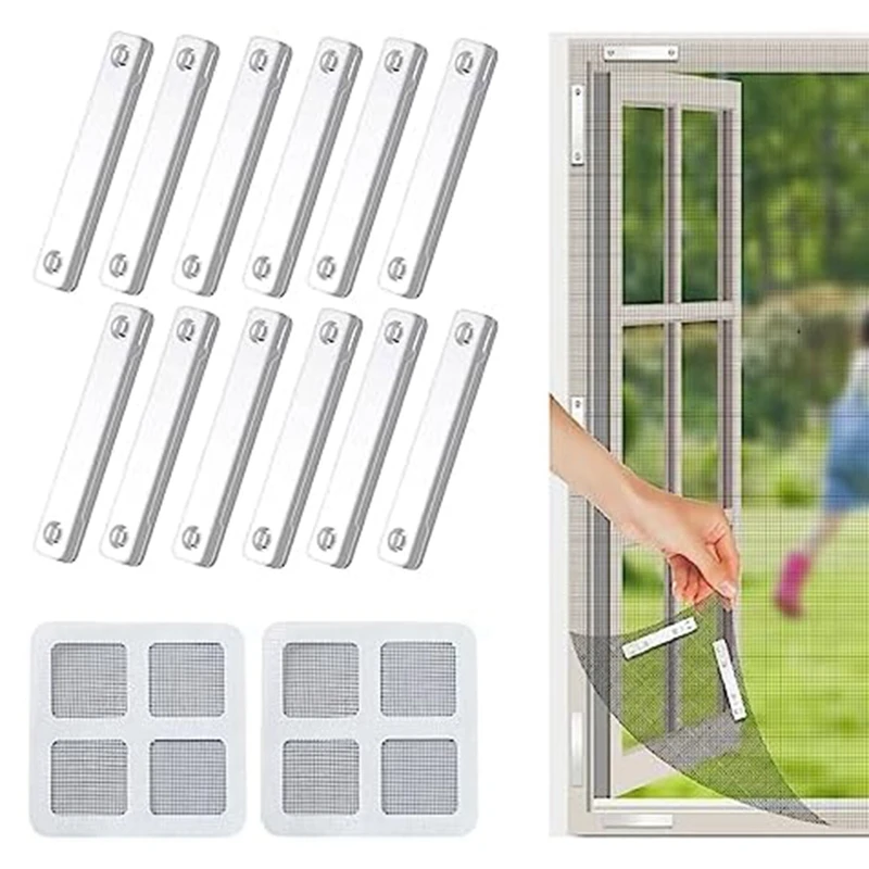 

12Pcs Magnetic Screen Installer Self Adhesive Clips Kit With 2 Window Screen Repair Patch Set Kit (10Cm X 10Cm)