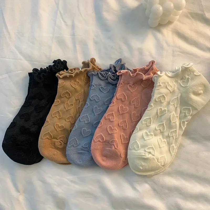 5 Pairs 3D Heart Socks, Comfy & Cute All-match Ruffled Short Socks, Women's Stockings & Hosiery