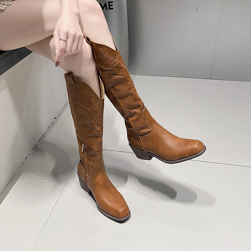 

Brown Western Cowboy Boots for Women Fashion Autumn Chunky Heel Shoes Women's Thigh High Boots Outdoor Ladies Knee High Boots