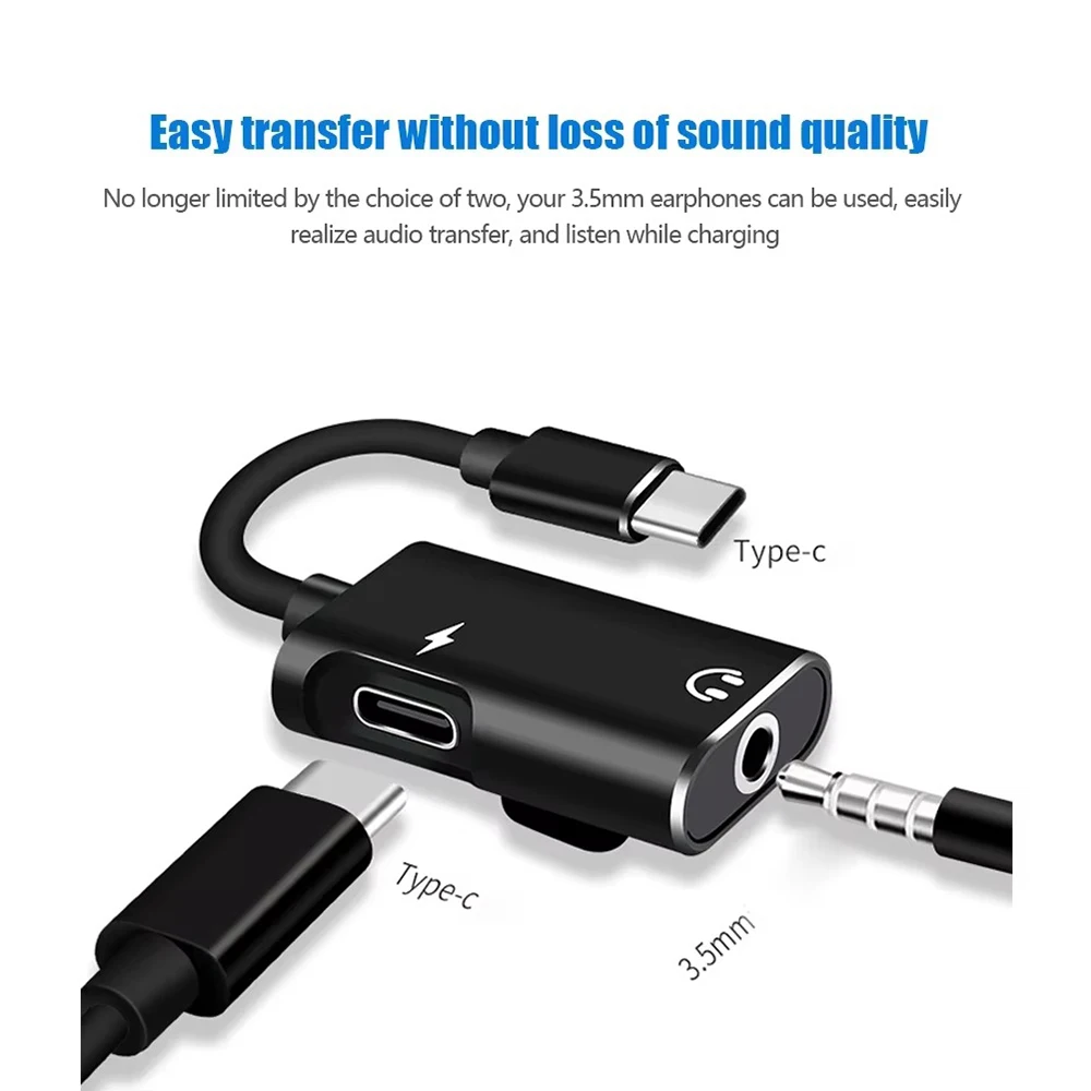 2 in 1 Upgrade Type C To 3.5mm Jack Audio Splitter Headphone Cable USB-C Earphone Aux 3.5mm Adapter Charger For Xiaomi Huawei
