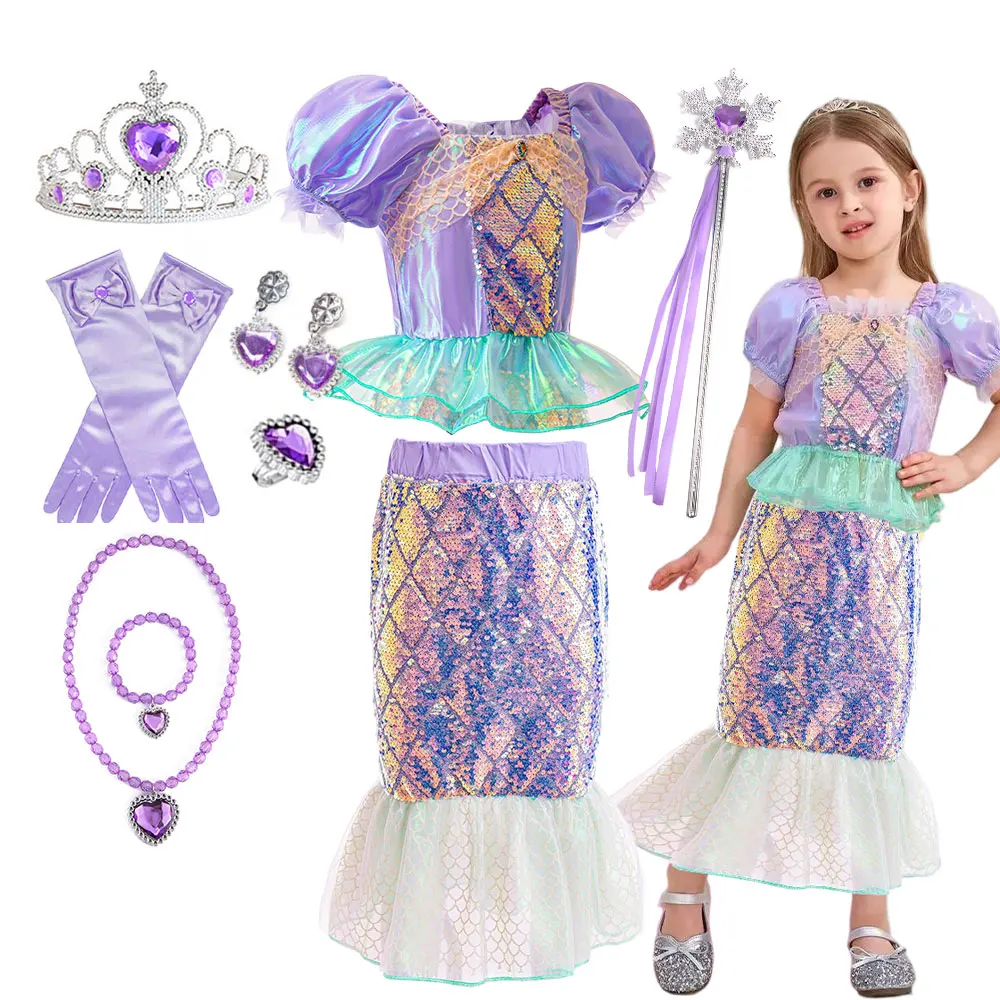Sommer-Meerjungfrauenflossen-Kostüm für Kinder, glitzerndes lila Arielle-Outfit für Prinzessinnen-Geburtstagsfeiern, Halloween, Karneval, Cosplay