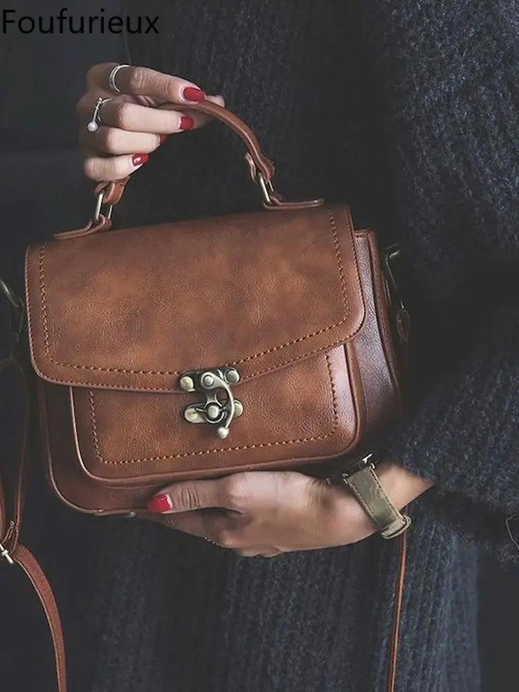 FoufurieuxSmallRetroWomensFlapBagPULeatherLockVintageBrown