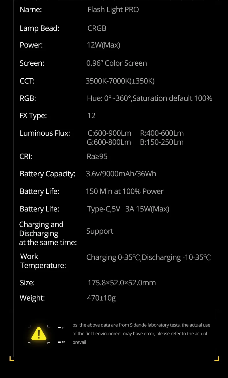 SIDANDE 12W 3500-7000k RGB light Built-in 9000mAh battery Endurance 150 minutes