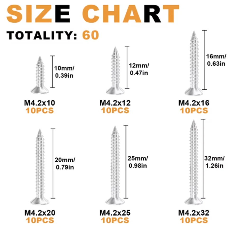 #8 Self-Drilling Wood Screw Set 60pcs Cross Flat Head Steel Plate Screws Self-Locking Nuts Wood Thread Screw Kit screw bolt nut set screw washer nut kit