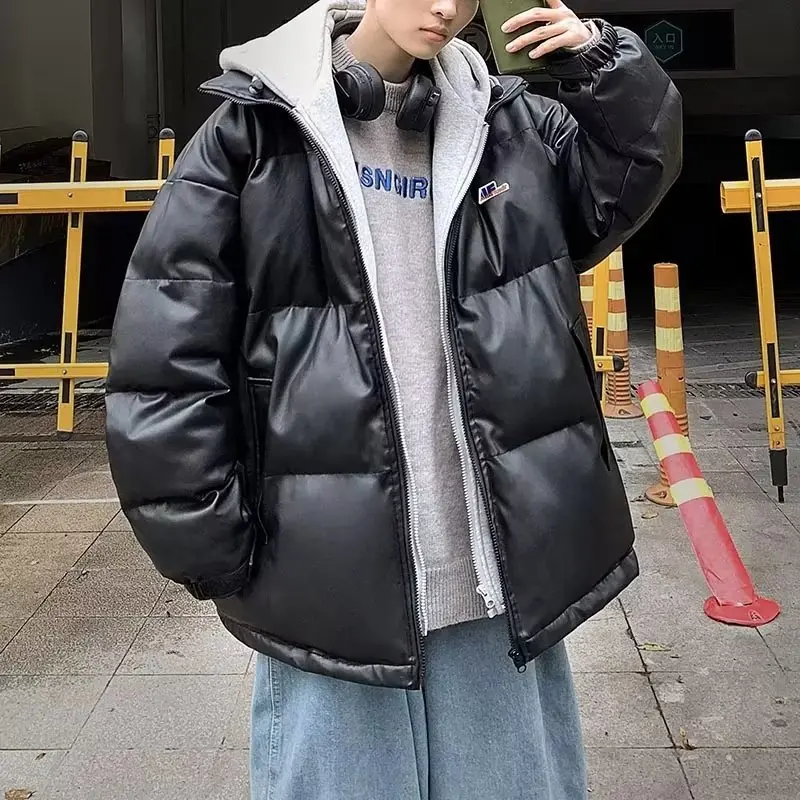 Autumn and Winter Korean Version Loose PU Leather Versatile Hooded Cotton Clothing Hong Kong Fashion Brand Warm Cotton Jacket