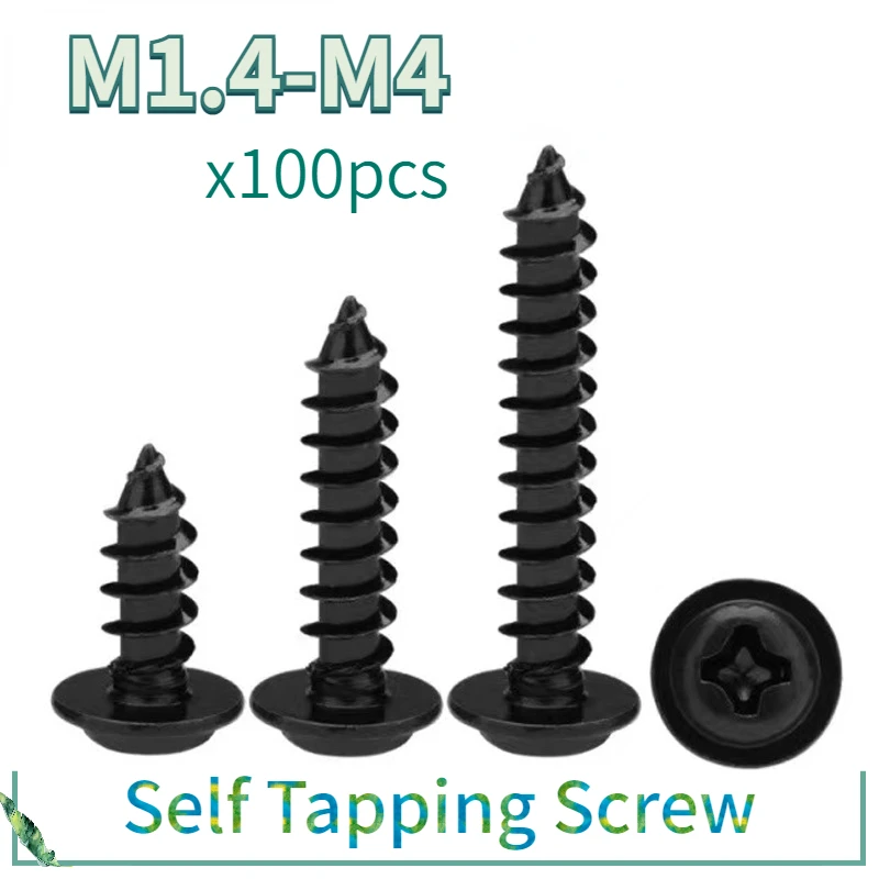 

100pcs/lot M1.4 M1.7 M2 M2.3 M2.6 M3 M3.5 M4 Black Self-tapping Screw Pan Head PWA Cross Round Head With Washer Cushion