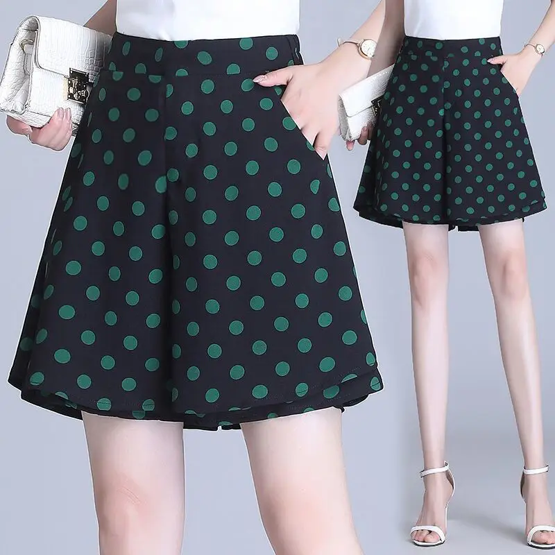 2024 New Summer Leisure Vacation Bohemian Style Thin High Waisted A-line Loose Wide Leg Chiffon Polka Dot Skirt Pants for Women