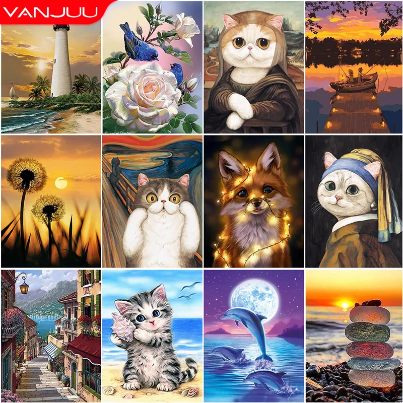 

Cat 5D Diamond Painting Art Cat Beach Landscape Floral Embroidery Painting Animal Diamond Mosaic DIY Rhinestone Home Decoration