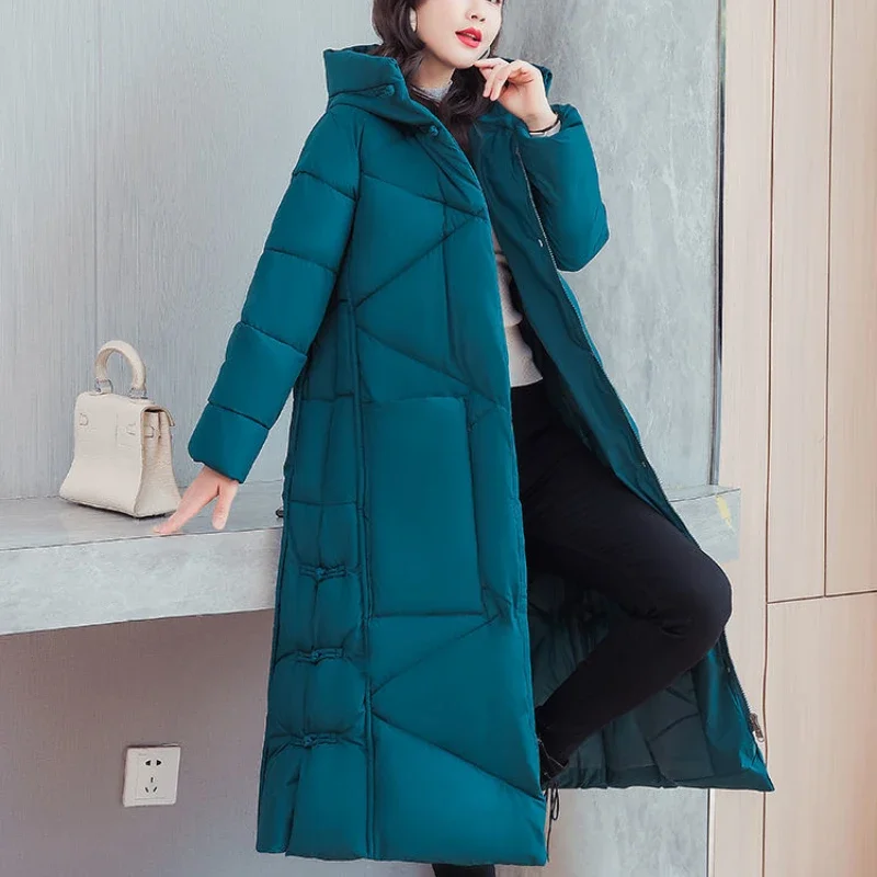 Retro Women's Long Down Padded Jacket Winter Warmth Korean Fashion Loose Long Cotton Coat Over The Knee Cotton Jacket Coat New
