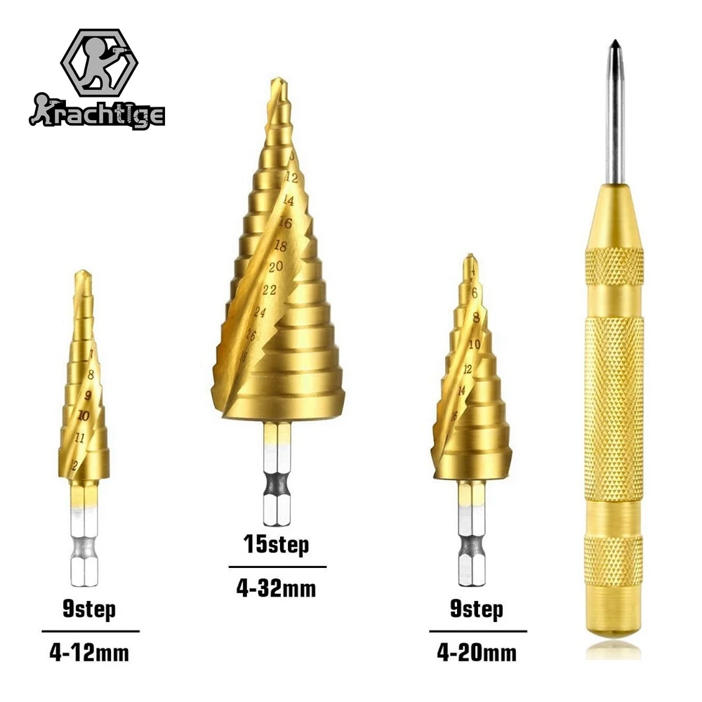 3pcs 4-12 4-20 4-32 Hex Shank Titanium Step Drill Bit Set with Automatic Center Punch Metal Wood Tool