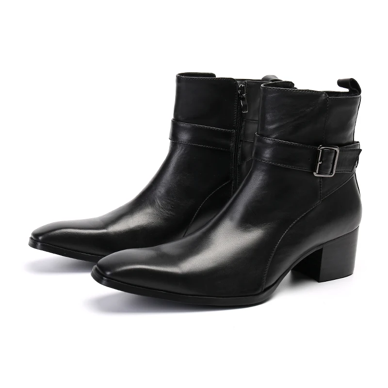 High Quality Genuine Leather Men Black Ankle Boots Luxury Chunky High Heels Square Toe Man Dress