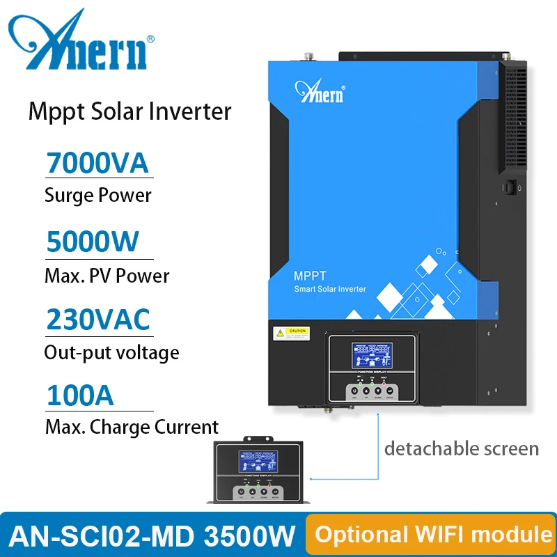 

5500W Solar Inverter Hybrid 230V Voltage Converter MPPT Solar Charge Controller Wide PV Input 120V-500Vdc 100A Pure Sine Wave
