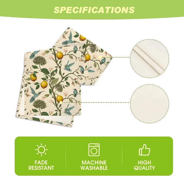 Spring Summer Lemon Tree Bird Flower Linen Table Runner Party Decor Reusable Kitchen Dining Table Runner Wedding Decorations 5