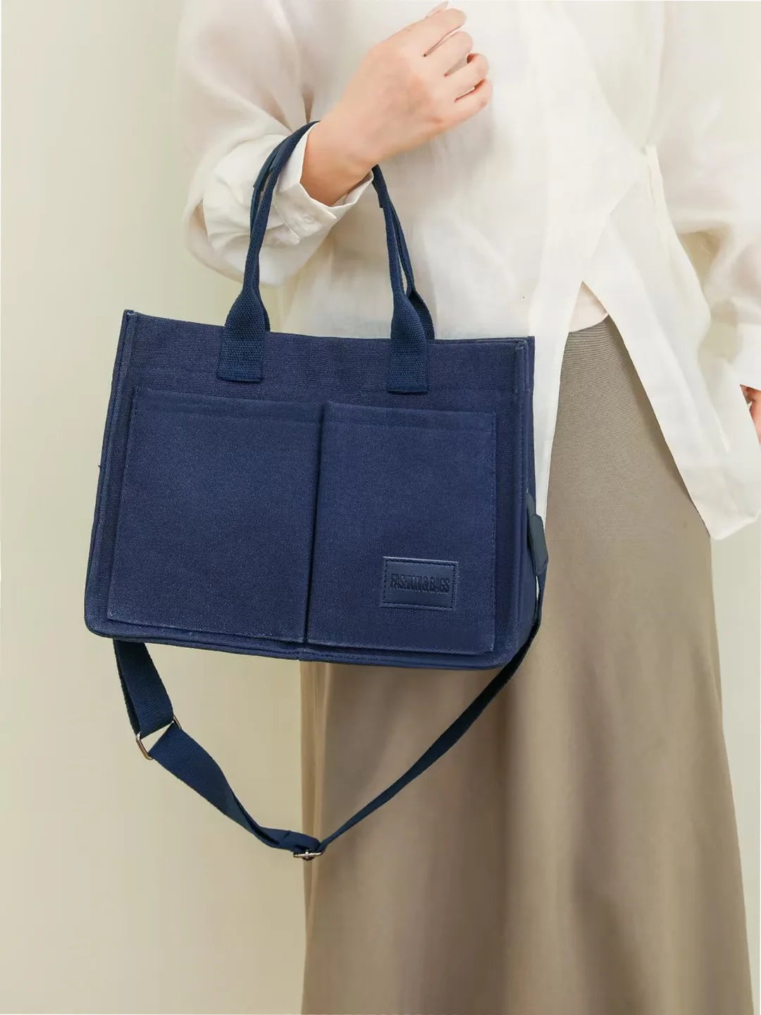 Neu eingetroffene Canvas-Einkaufstasche für Damen mit Taschen, große Umhängetasche, Umhängetasche, Handtasche, alles für die tägliche Arbeit – Detail 9