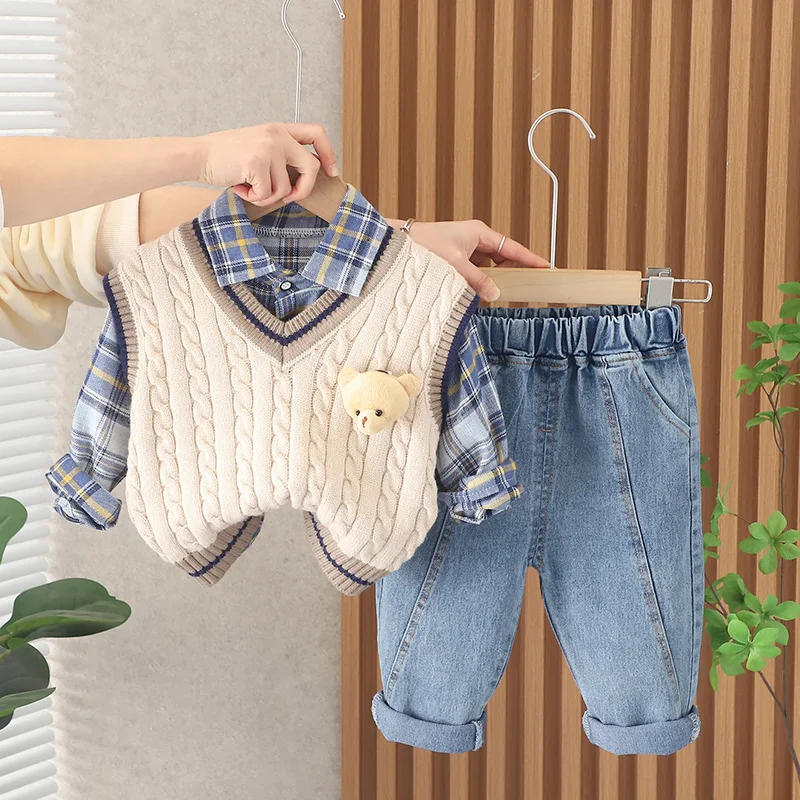 

Childrens Sweat Set Korean Baby Boy Clothes 9 To 12 Months Cartoon Knitted Vest + Plaid Shirts + Pants 3PCS Kids Boys Outfit Set