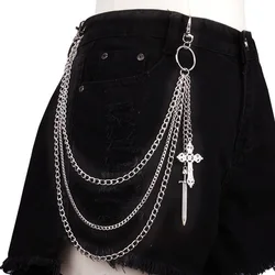 Edgy Layered Metal Chain Cross Keychain Accessory (Silver)