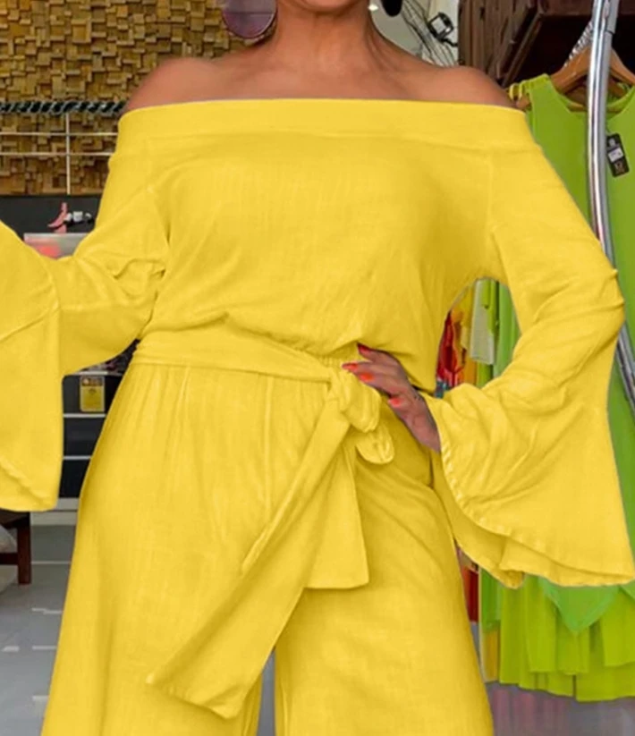 Elegant Women Jumpsuit 2024 Sexy Slash Neck Solid Color Off Shoulder Bell Sleeve Lace Up Wide Leg Jumpsuit Loose Overall