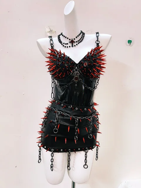 Red Spikey Chain Top and Skirt Set 5