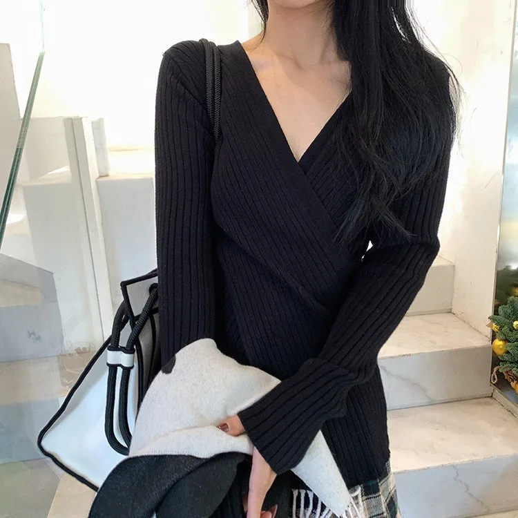 

2022 Cross Big V-Neck Slim Sweater Pit Strip Knitted Bottoming Shirt Women's Autumn and Winter Long-Sleeved Top Women's Clothing