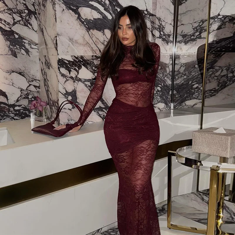 Vestidos largos sexis de encaje con retazos para mujer, vestido de fiesta ajustado con cuello alto y aberturas, vestido transparente ajustado para primavera 2025, nuevo