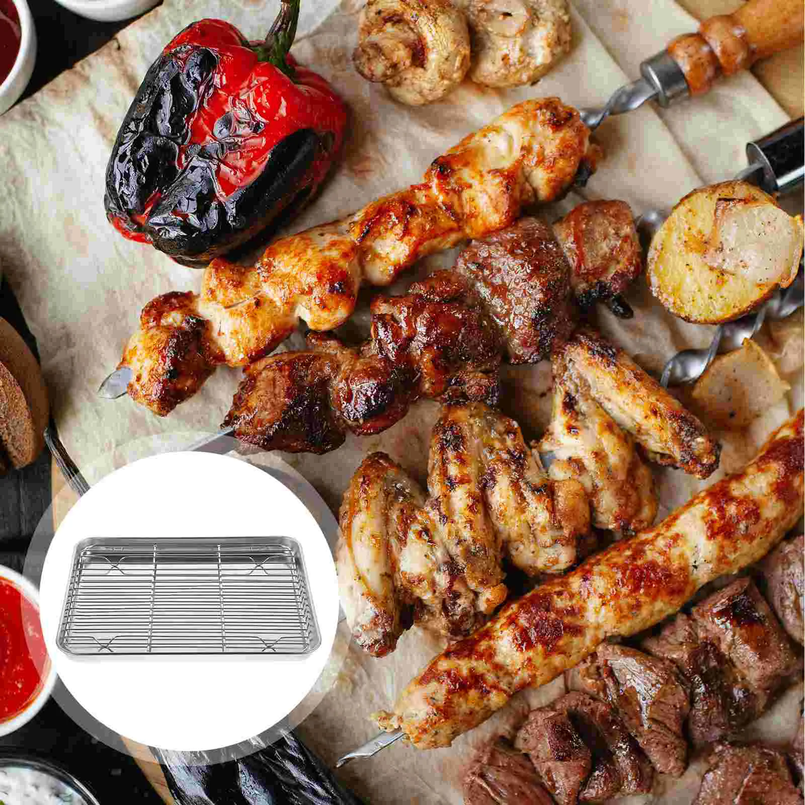 

1set Chef Rack Sheet Stainless Steel Cookie Sheet Tray Metal Sheet Pan Microwave Oven Safe Nonstick Cooling Rack For Grill