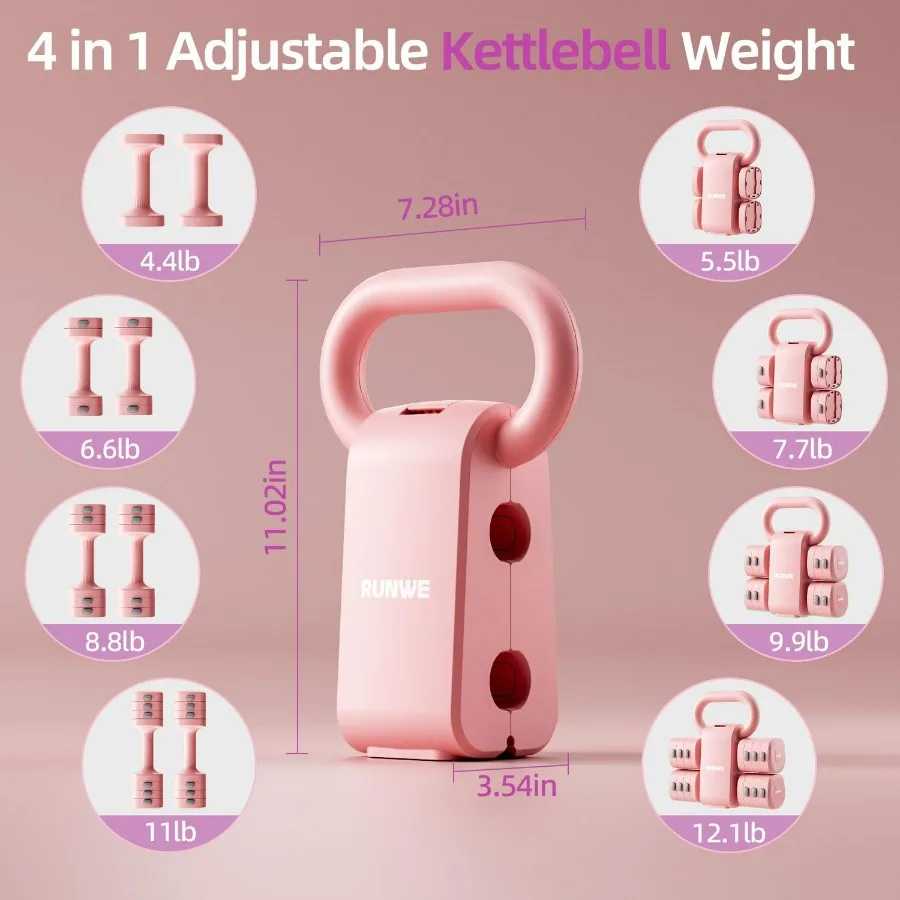 Lightweight Adjustable Dumbbell Kettlebell Set - 4 in 1 Free Weight Set with Kettlebell Grip Converter, Each 2.2 3.3 4.4 5.5lb Q