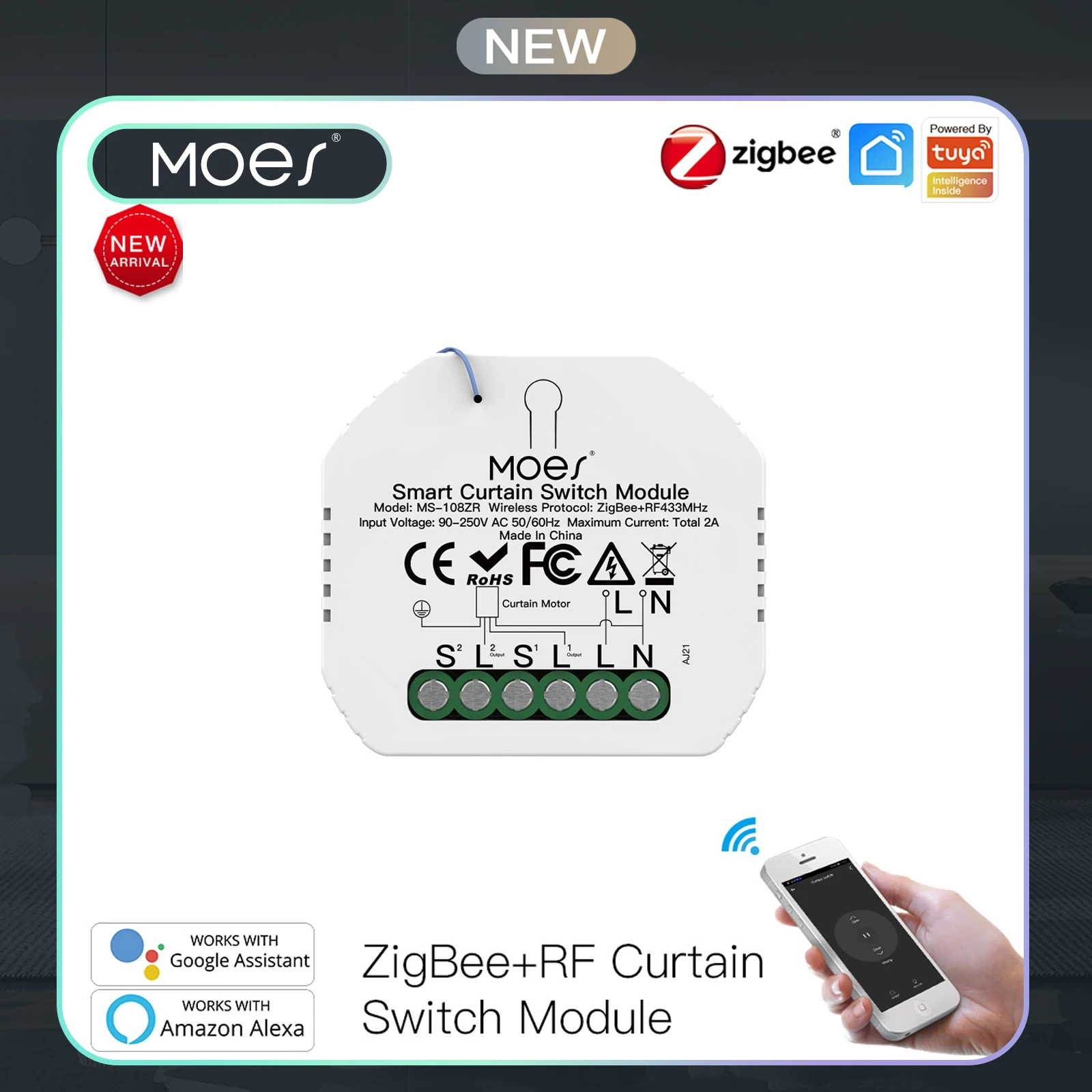 โมดูลสวิตช์ม่าน MOES ZigBee RF433 สำหรับมอเตอร์ม่านม้วนอัตโนมัติ ใช้งานร่วมกับแอป Smart Life ควบคุมแบบไร้สาย 1