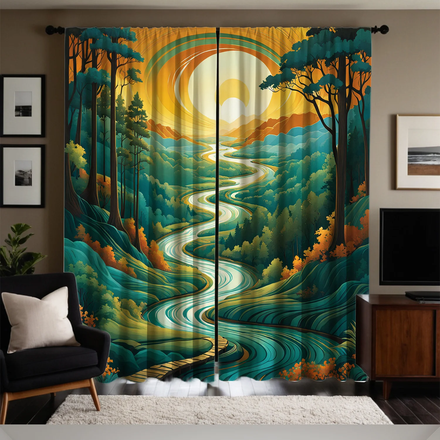 2 ชิ้นผ้าม่านพิมพ์ภูมิทัศน์ภูเขาและแม่น้ำที่เงียบสงบ - ศิลปะดิจิตอลความละเอียดสูงสำหรับห้องนั่งเล่นและห้องนอน, แกนแขวนง่าย 1