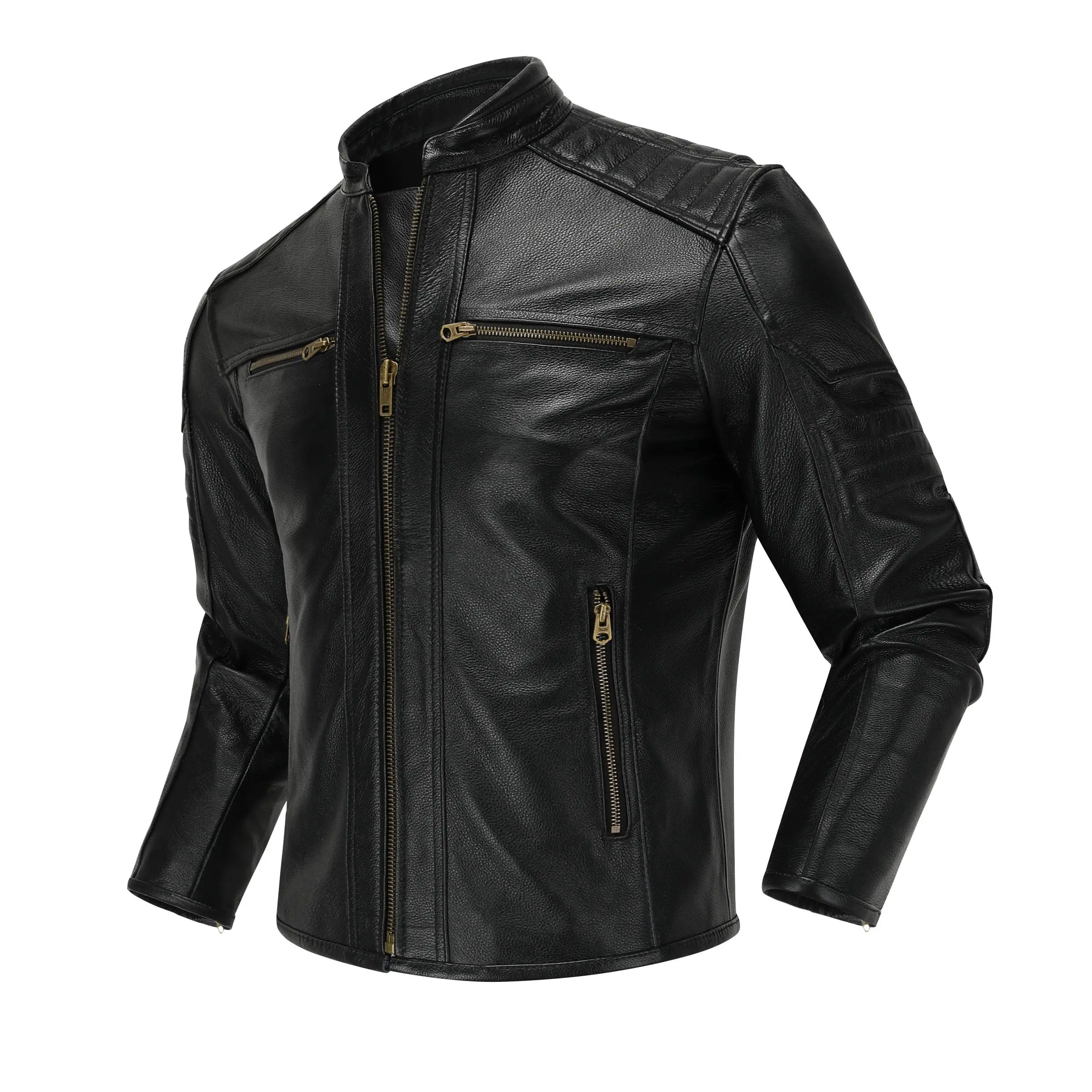Cowhide Motorcycle Jacket Genuine Leather Stand Collar for Springtime Vintage Biker ASIAN men leather jacket women leather jacket