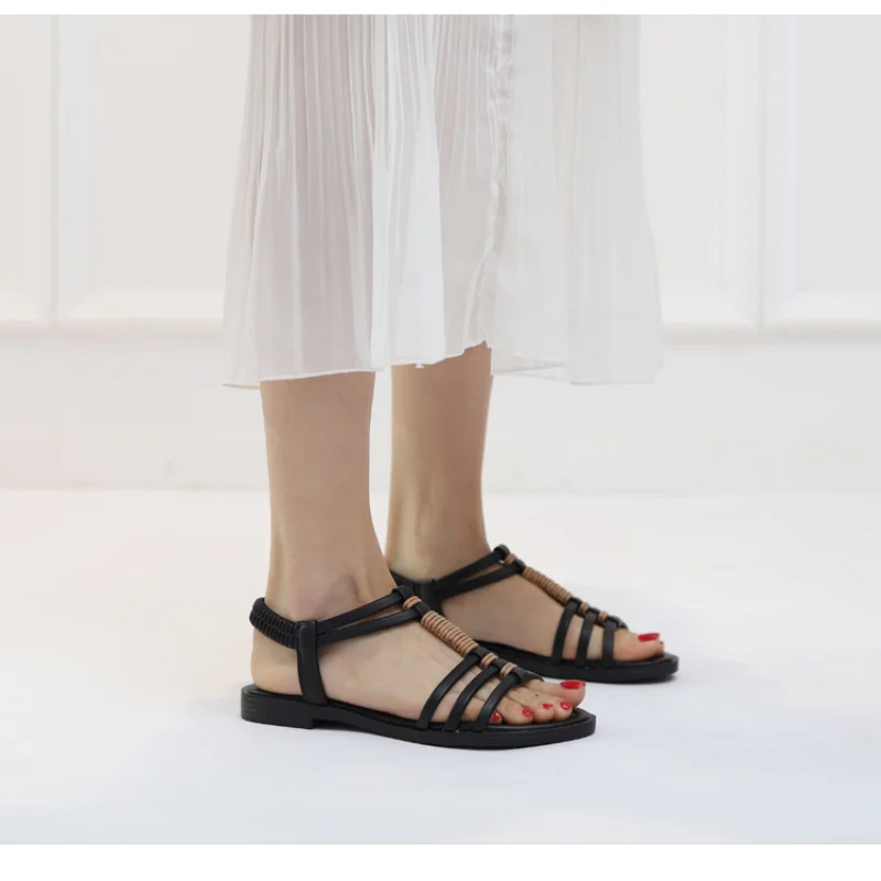 Women's Sandals Summer 2024 New Casual PU Non-Slip Soft Gladiator Beach Hollow Out Open Toe Roman Shoes Woman Flat Heels Ladies