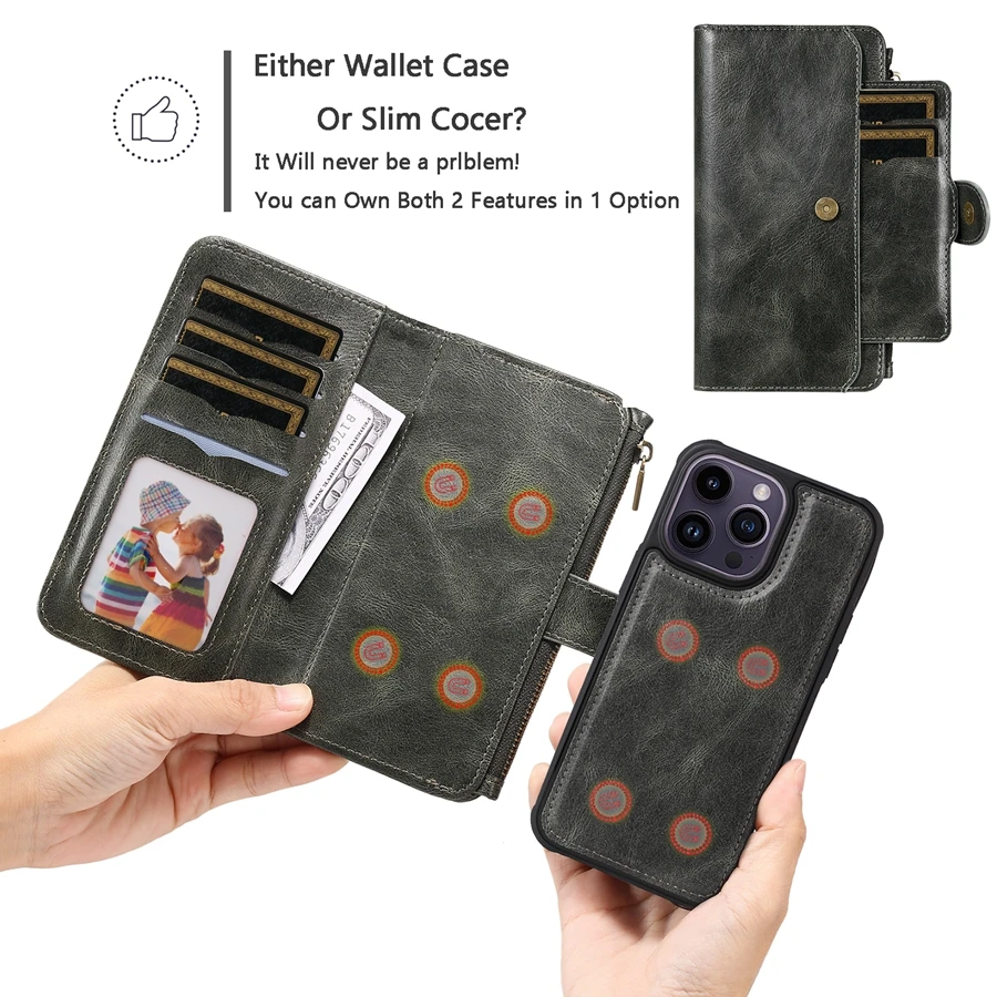 Multifunction Retro Zipper Solid Color Phone Wallet Case For iPhone 14 Pro Max 13 Pro Max 12 Pro Max 11 Pro Max 8 Plus 7 Plus