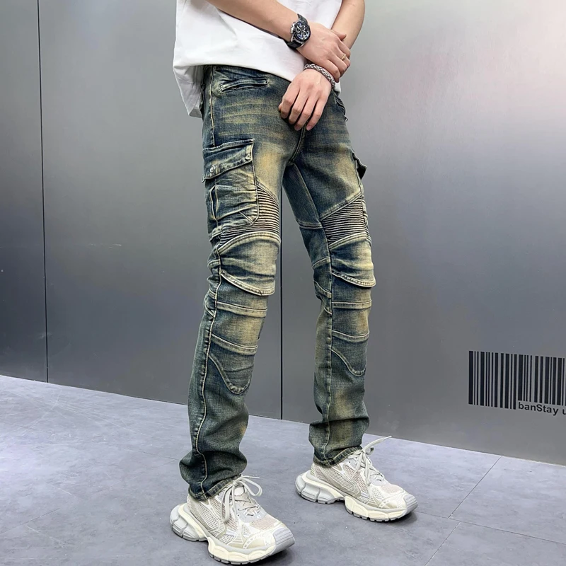 Retro Biker's Jeans Men's Stitching Ruffle Design Street Vintage Fashion Trendy Slim Fit Stretch Skinny Trousers