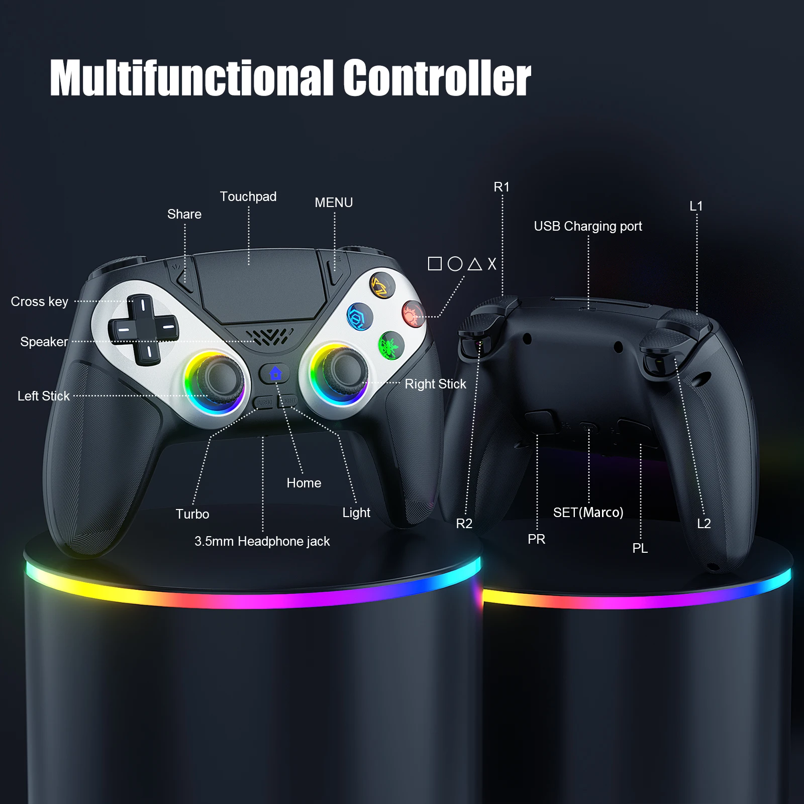 รูปสินค้า จอยเกมไร้สาย RGB สำหรับ PS5/PC พร้อม Turbo/Macro