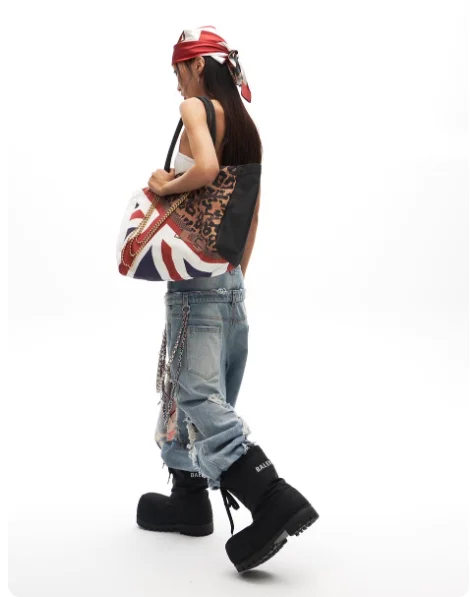 Retro Leopard Print Union Jack Chain Tote Bag Women Patchwork Large Capacity Canvas Shoulder Bag Ladies Hot Girl Y2k Handbag New