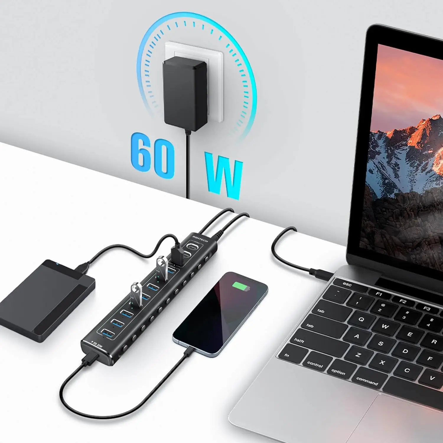 RSHTECH 60W USB Hub 11 Ports Type C Hubs with 10Gbps USB Data Port PD 20W Aluminum USB Splitter for Macbook Laptop PC Computer 2