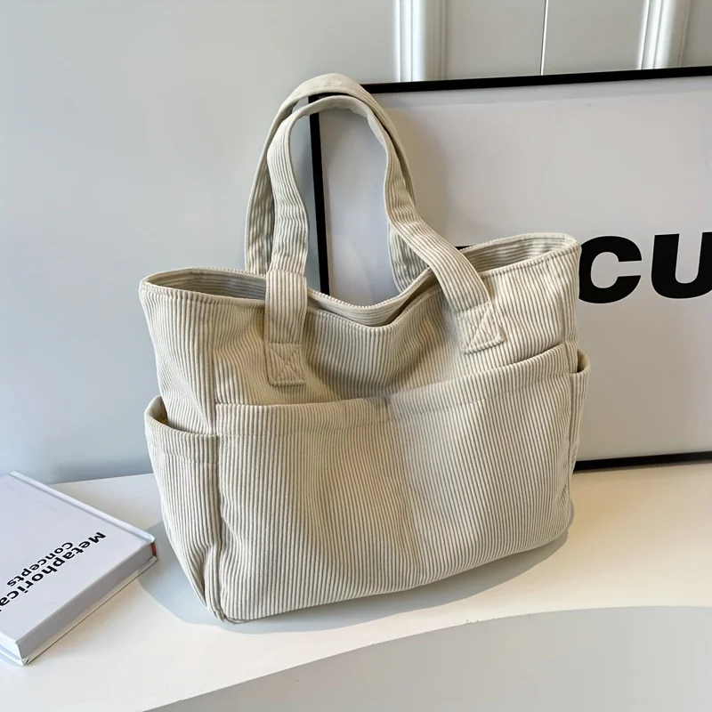 Women's Casual Corduroy Tote Bag Striped Shoulder Bag with Fixed Straps Zipper Large Capacity Handbag for Daily Outings and Shop