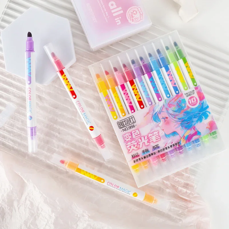 Double-ended Magic Color Changing Highlighter Pen Set 10pcs Student Diary Scrapbook Painting DIY Office Stationery