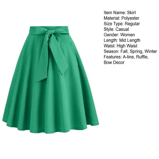 Green Skirt Midi Skater Skirt Outfit Summer Style Solid Women's