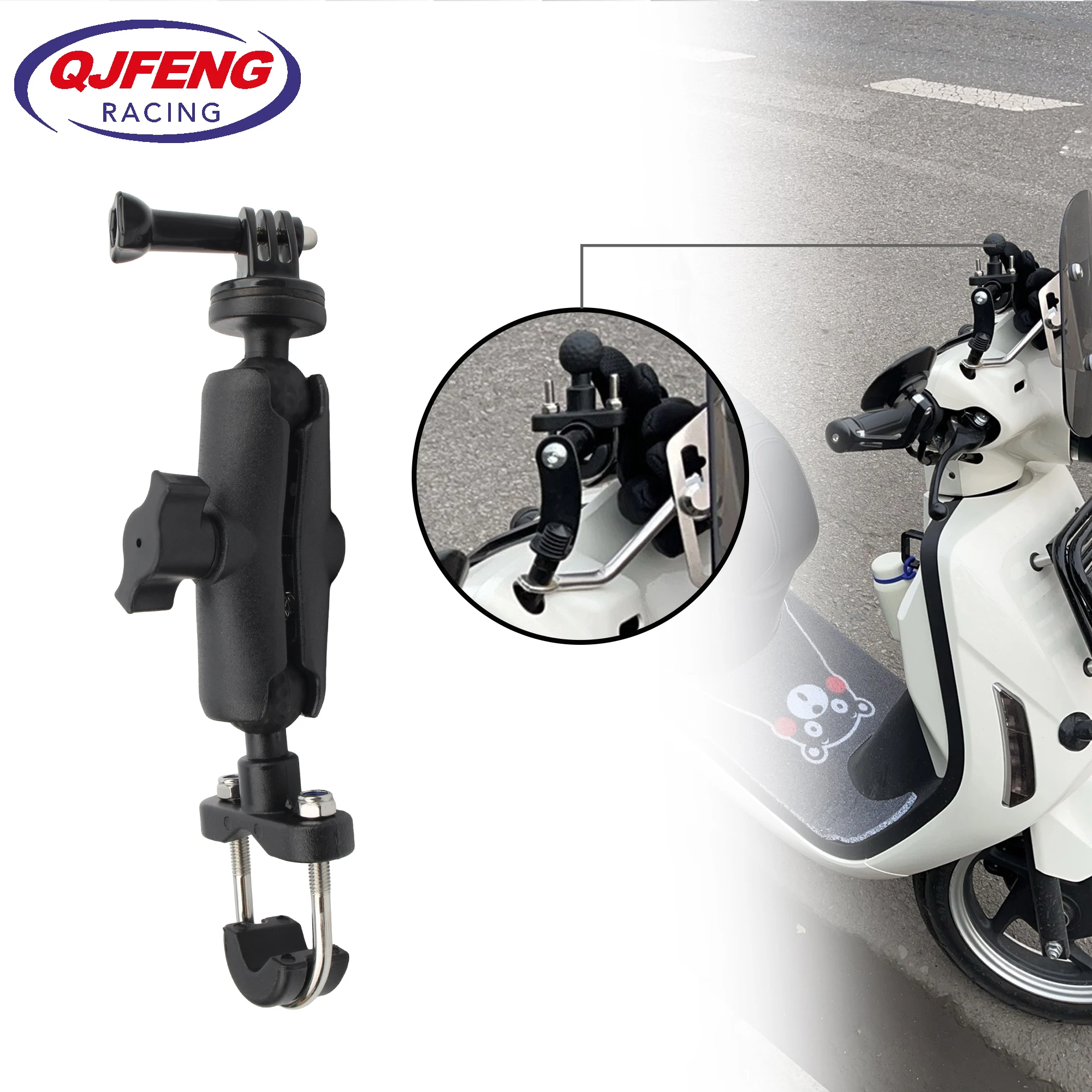 Support de caméra pour moto et scooter - Rotatif 360° universel pour GoPro, montrant la rotation à 360 degrés.