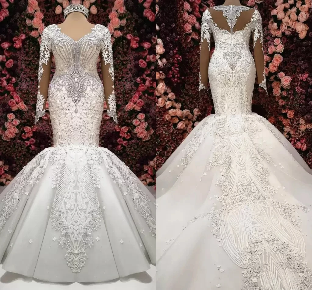 

Блестящее роскошное женское свадебное платье с длинным рукавом, свадебное платье с аппликацией из кристаллов и бисером, платье принцессы русалки